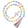 Easter Wooden Beaded Garland with Tassels and Cross Pendant Lightweight Linen Rope String Decoration for Wall Door Shelf