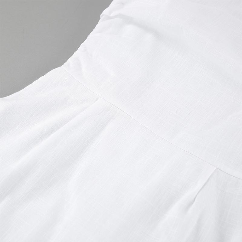 Witte Katoen en Linnen Slim Ruffles Rand Jurk Dames Slim Heupomsluitende Jurk Revers Lange Mouwen Mode Lente en Zomer