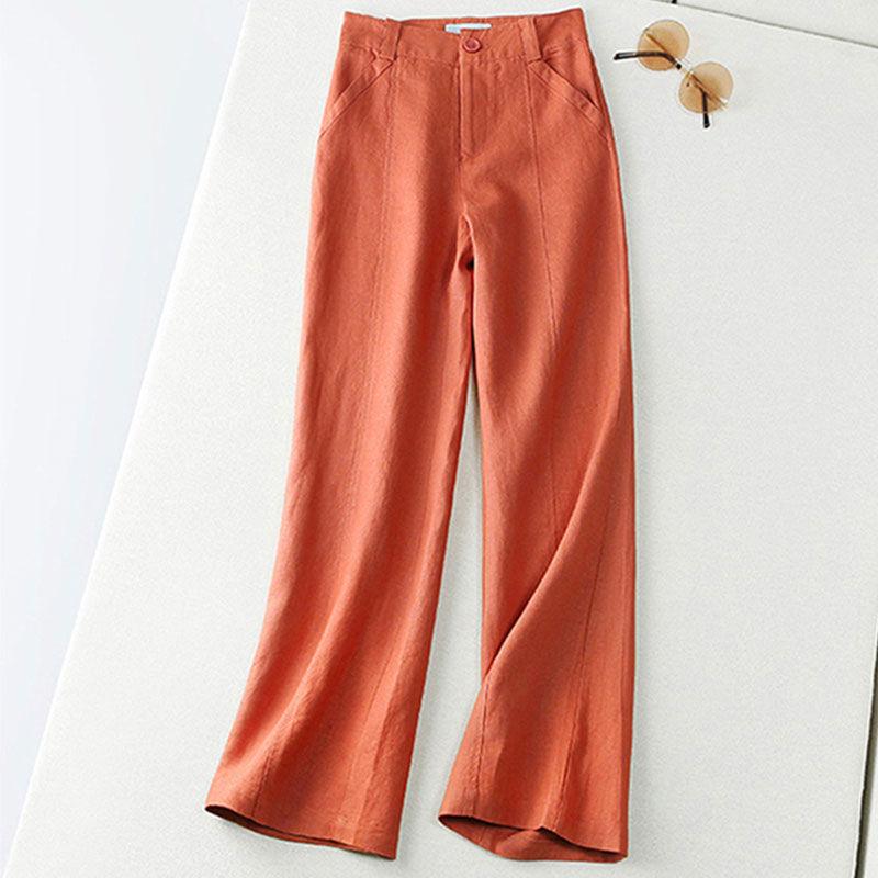 Pantalon Capri en Coton Lin pour Femme Taille Élastique Couleur Unie Coupe Droite