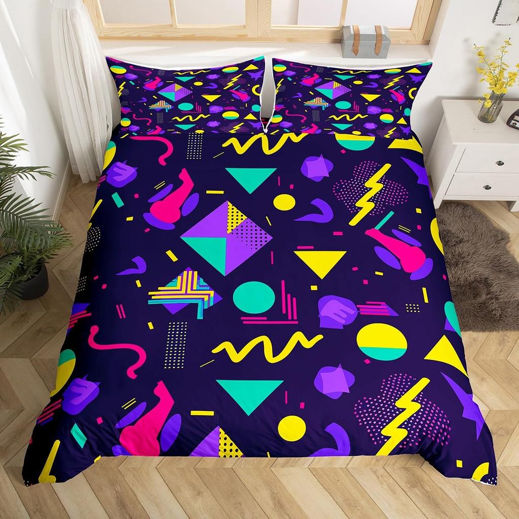 Memphis Geometric Duvet Cover Twin KingRetro Style Round Triangle Shapes Quilt Cover Colorful Graphic 80s 90S Style Bedding Set