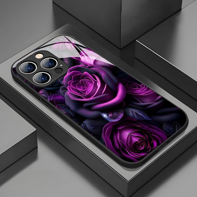 

Phone Case For iPhone 11 12 13 14 15 16 17 Pro Max 17Air 16E 7 8 16 Plus XR XS X Dark Purple Rose Pattern Tempered Glass Cover iPhone 7