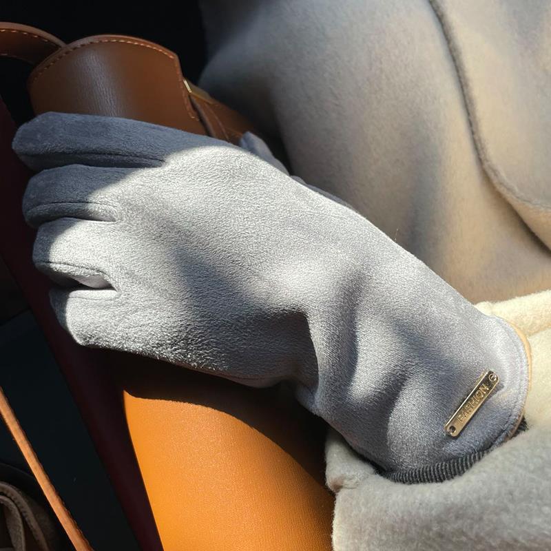 Velvet Thickened Warm Imitation Deer Leather Gloves Riding Versatile Fingers for Women Windproof and Warm Touch Screen