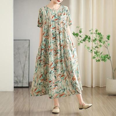 Krótki rękaw Plus size bawełna len vintage kwiatowy nowość sukienki dla kobiet casual luźna długa letnia sukienka