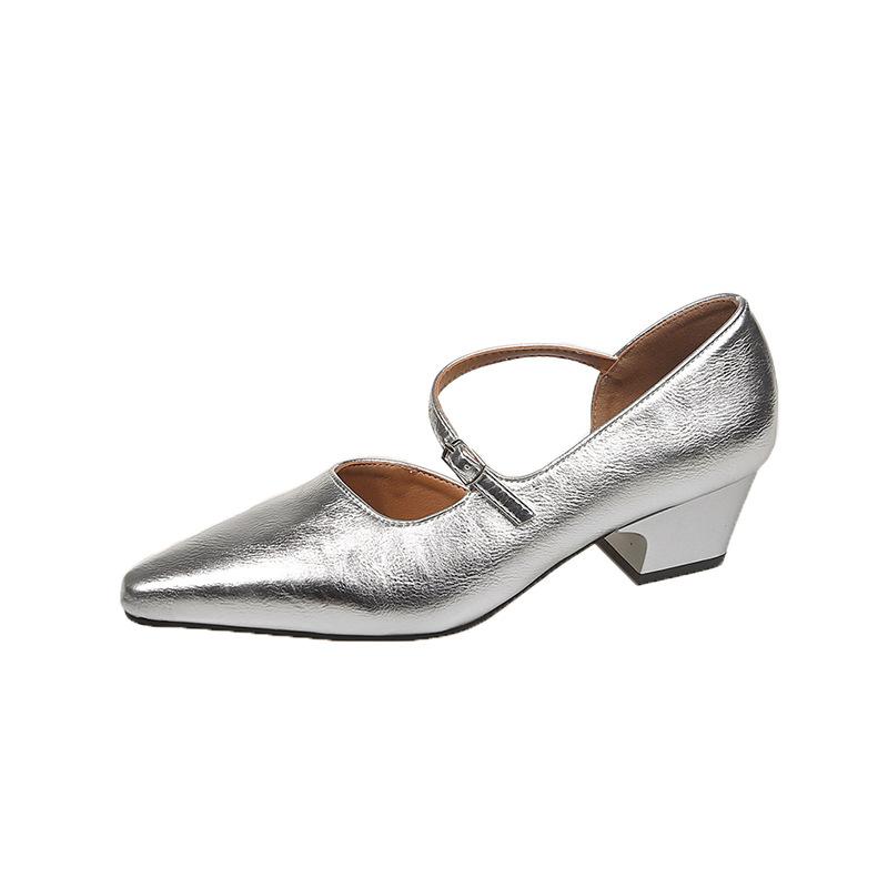 Fashion 2025 Silver Pointed Toe High Heel Mary Janes Women's Shoes Spring Autumn New Korean Style French Vintage Evening Red Thick Hee