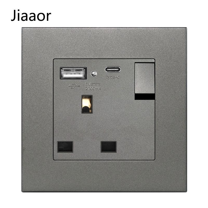 Grey British Standard Double Gang Switch Socket with USB & Type C - Hong Kong/Macau Compatible, Concealed 86 Type