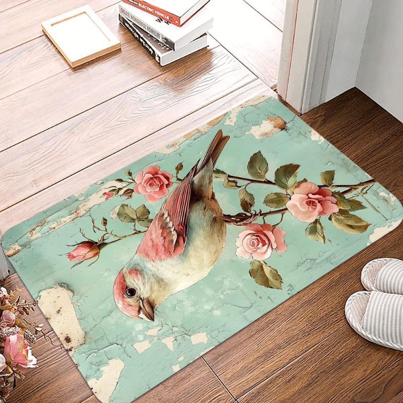 Vintage Hummingbird Printing Non-Slip Small Rug Waterproof Easy To Clean Floor Mat for Indoor Outdoor Use Durable Home Decorate