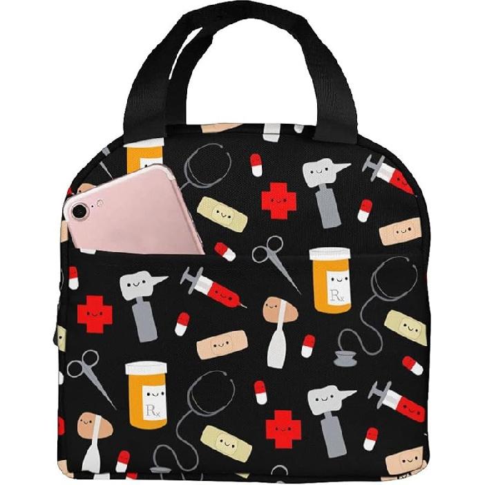 Nurse Theme Lunch Bag for Women Insulated Tote Bag Reusable Cooler Lunch Box for Work Picnic Travel, One Size