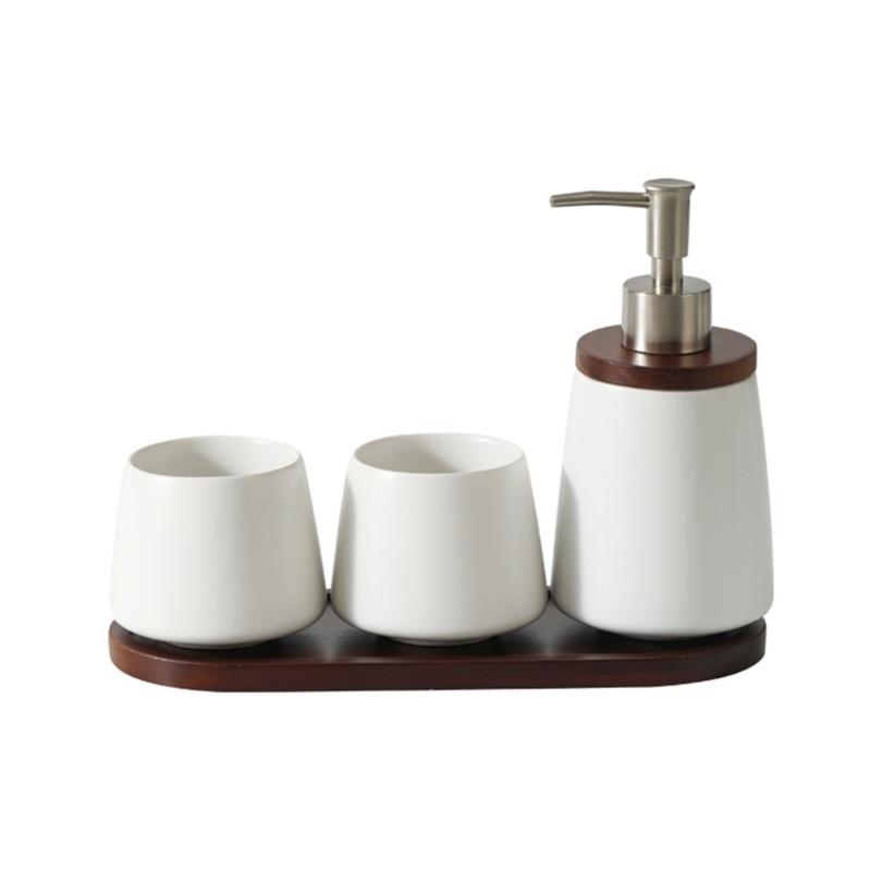 Nordic Design Ceramic Mouthwash Mugs Soap Dispenser Set with Wooden Tray Perfect For Coffee Room Home Toothbrush Storage
