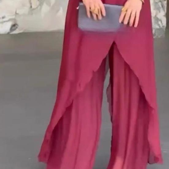 2Pcs/Set Women Casual Outfit Round Neck Long Sleeve Irregular Hem Tops Elastic Waist Long Pants Set Solid Color Outfit