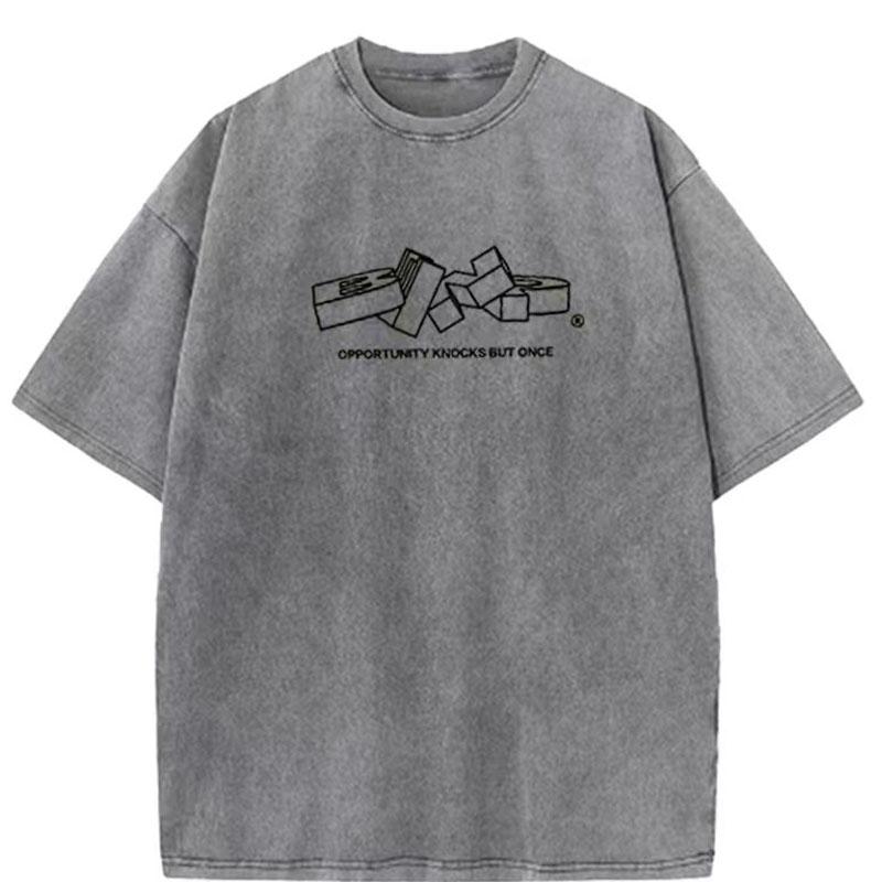 Summer Unisexs Vintage Washed  Cotton Cube Pattern Casual Unisexs Clothing TShirt Unisexs Style
