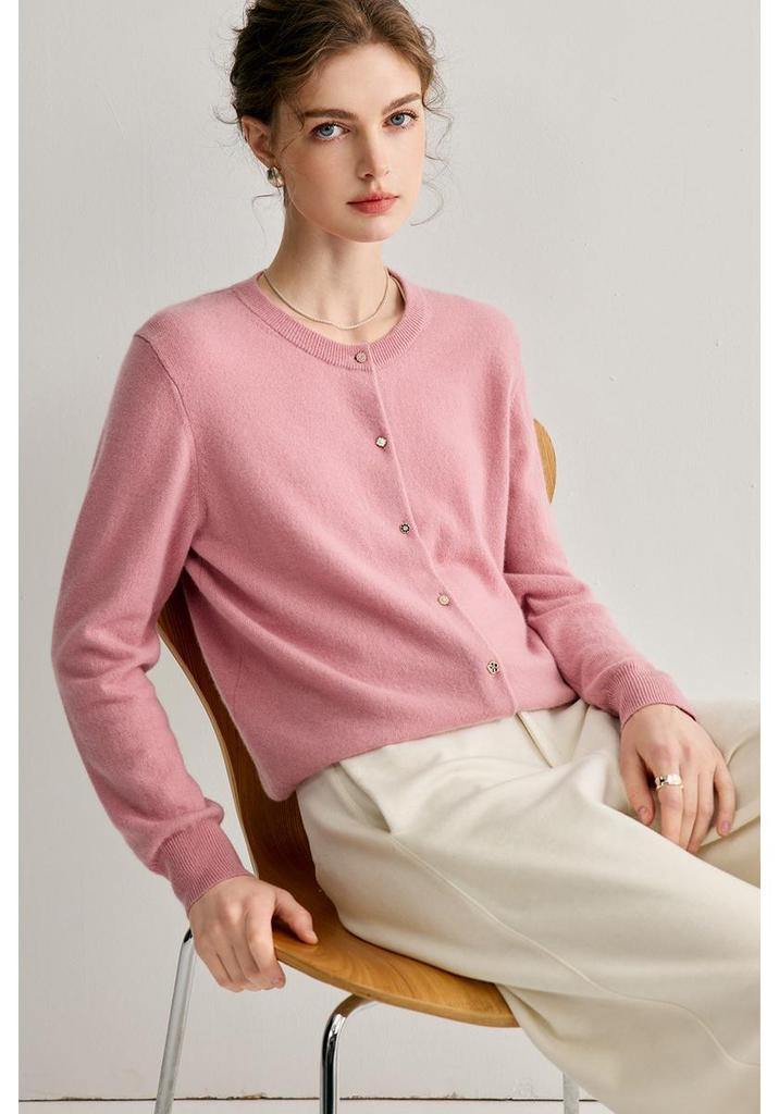 Women's 100% Pure Cashmere Round Neck Knit Cardigan - Loose, Versatile, Solid Color, Long Sleeve, Warm Autumn/Winter Outerwear