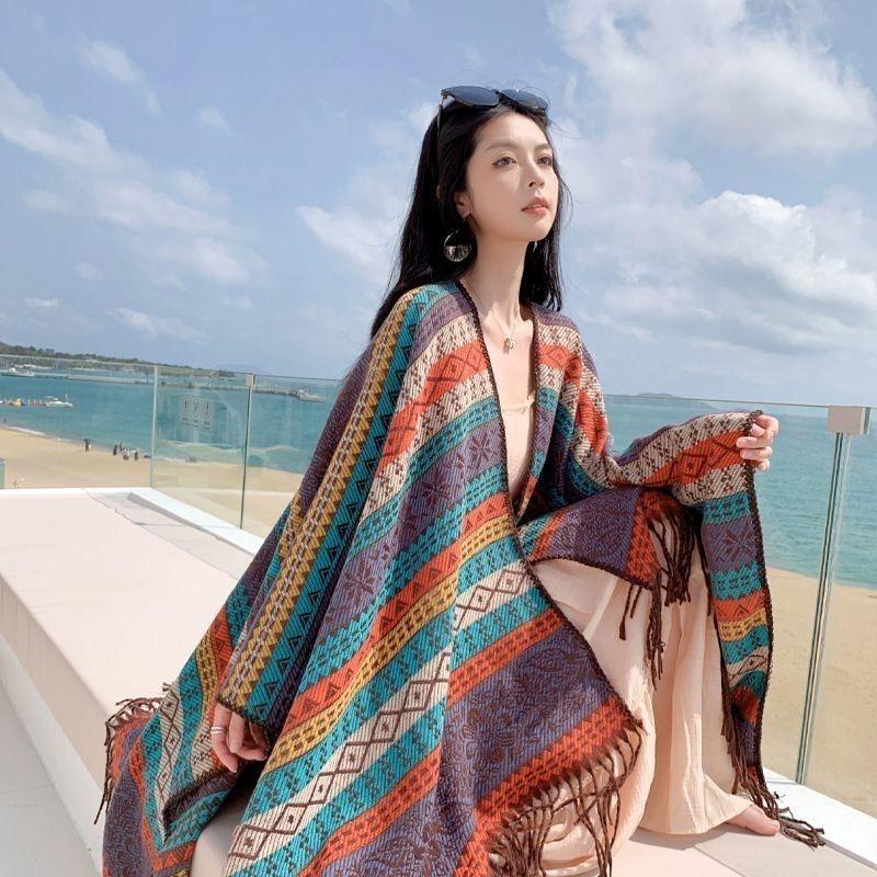 Bohemian Ethnic Women's Shawl: High-End Retro Cape Cloak Scarf for Xinjiang Tibet Travel