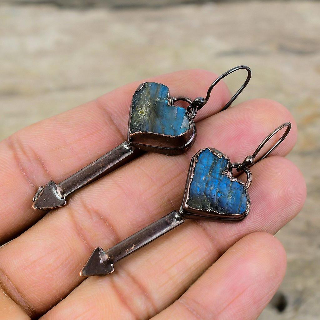 Labradorite Rough Earring Green Tourmaline Rough Earring Electroformed Copper Earrings Electroformed Jewelry Gift For Her Gemstone Earrings