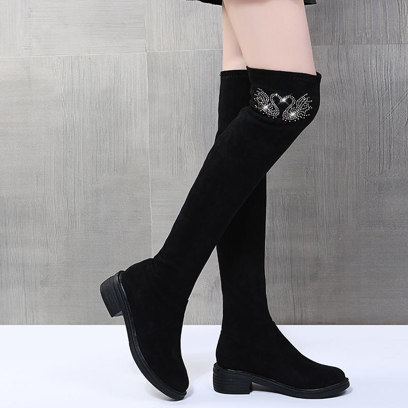 Women's Over Knee Stretch Boots 2025 Autumn Winter New Design Crystal Embellished Thick Heel Slimming Faux Fur Lining Warm Boots