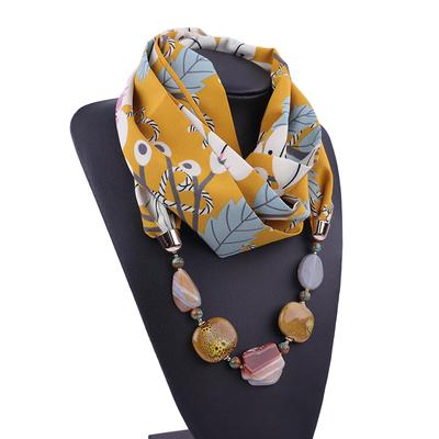 Tropischer Druck Schal-Halskette mit Steinperlen – Leichter Chiffon-Schal (Infinity-Schal) für Damen, Boho Modeaccessoire