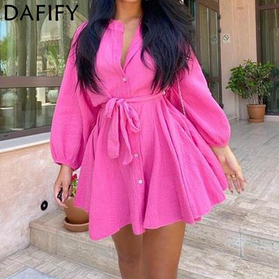Women's Fashion Summer Spring Solid Color Print Long Sleeve Stand-collar High Waist Casual Dresses