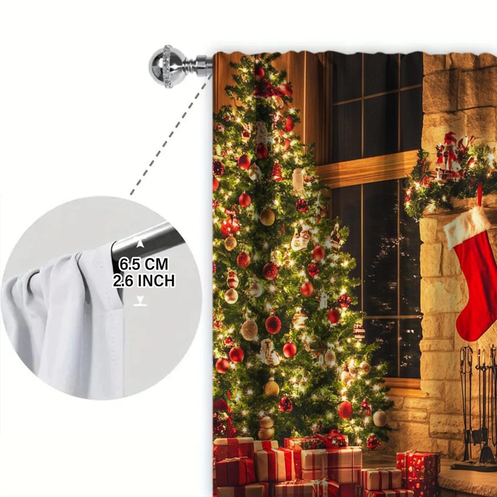 2pcs Christmas Fireplace Printed Curtain for Christmas Home Decor - Rod Pocket Window Treatment for Bedroom, Office, Kitchen