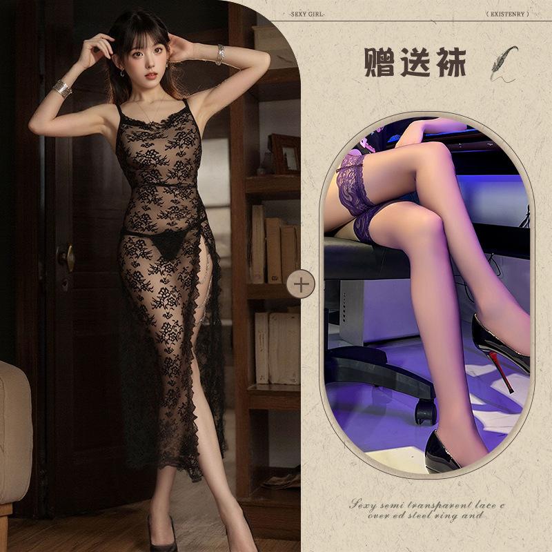 Sexy transparent lace high split chain suspender long dress pure desire wind royal sister suit temptation uniform