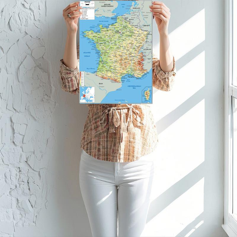 English-France Map-Geographic Map,Art Poster for Home,Classroom,Indoor/Outdoor,Educational Poster,Travel Tool,Unframed