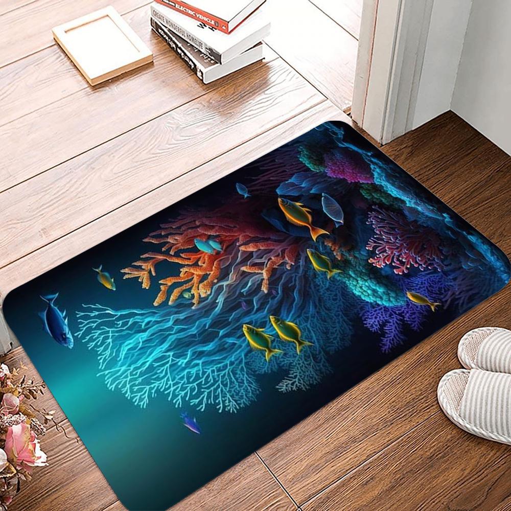 Underwater World Printing Non-Slip Small Rug Waterproof Easy To Clean Floor Mat for Indoor Outdoor Use Durable Home Decoration