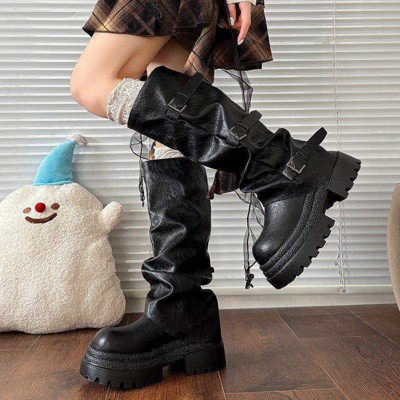 Radstiefel erhöhen die Höhe 2025 braun neue Plateaustiefel Ritterstiefel Damen Frühling und Herbst Schönheit Pile Retro Hosenrohr