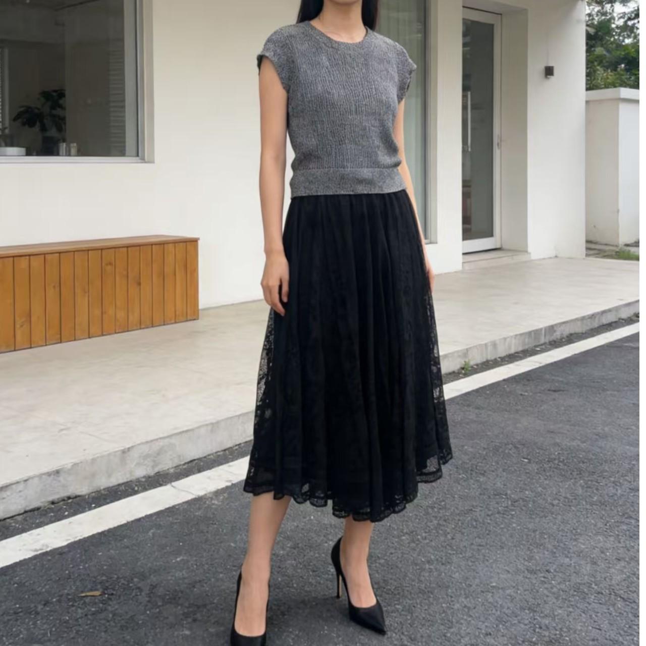 

Summer Round Neck Sleeveless Knit Top & Skirt Set M (45-54 kg) чорний