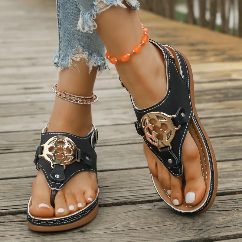 Fashion Women's Sandals Wedge Heel One-line Buckle Metal Decoration Women's Shoes Leisure Roman Retro 4.5cm Heel High Sandalias De Mujer