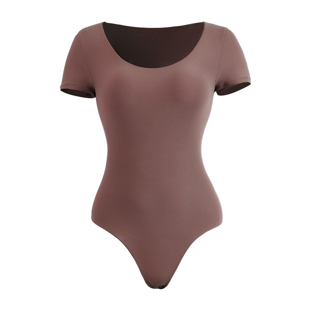 

Бесшовное боди с коротким рукавом, формирующее фигуру, стринги для женщин Large кофейный