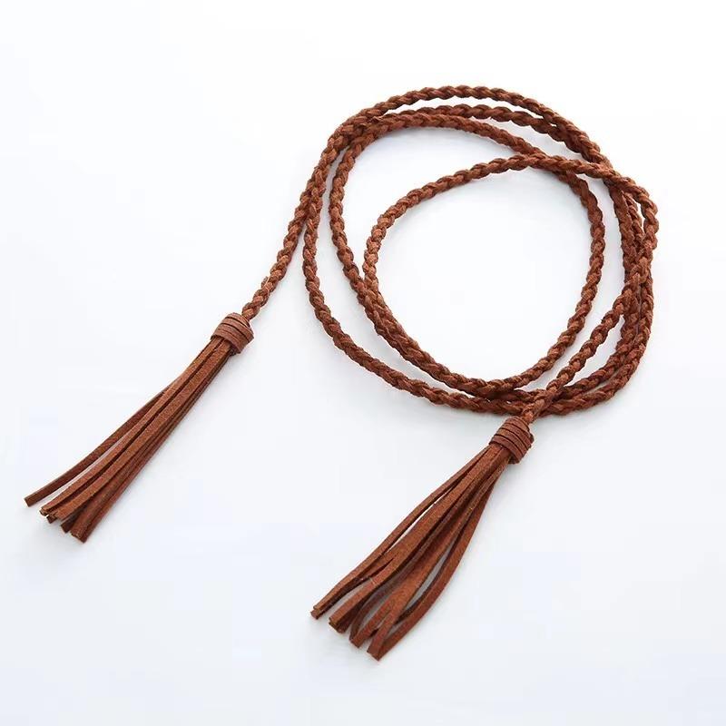 Leather Designer Braid Waist Belt With Tassel