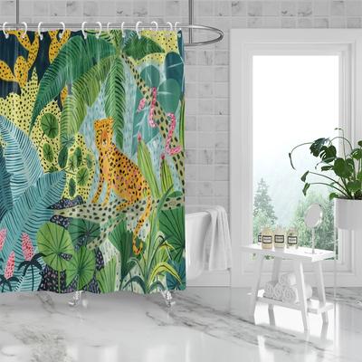 1PC Cortina de chuveiro estampada com padrão de leopardo da selva, impermeável, com 12 ganchos, adequada para chuveiro de banheiro, uso doméstico