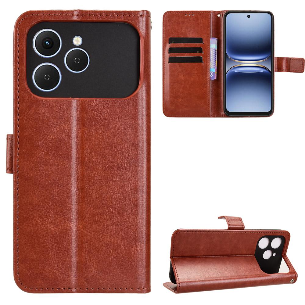 

For TECNO Spark 40 4G PU Leather Case with Strap Crazy Horse Texture Phone Wallet Cover Brown