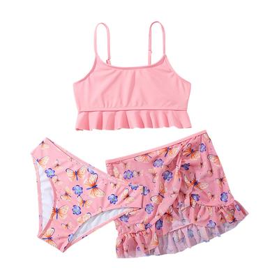 Tween Girls' Fashion 3 Pieces Ruffled Swimwear Set Butterfly Printed Top Briefs and Skirt Swimsuit Children's Cute Summer Beach Bathing Suit