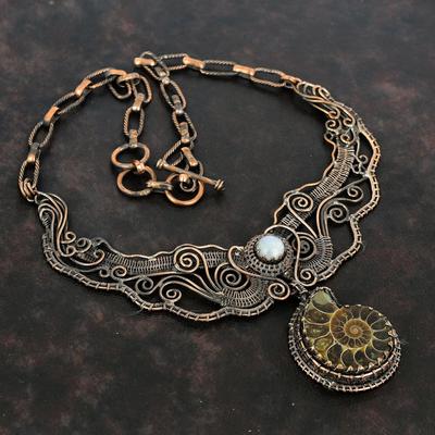 Ammonit Fossil Halsband Koppartråd Lindat Halsband Handgjorda Kopparsmycken Regnbågsmånsten Ädelstenshalsband Trådinslaget Smycke För Gåva