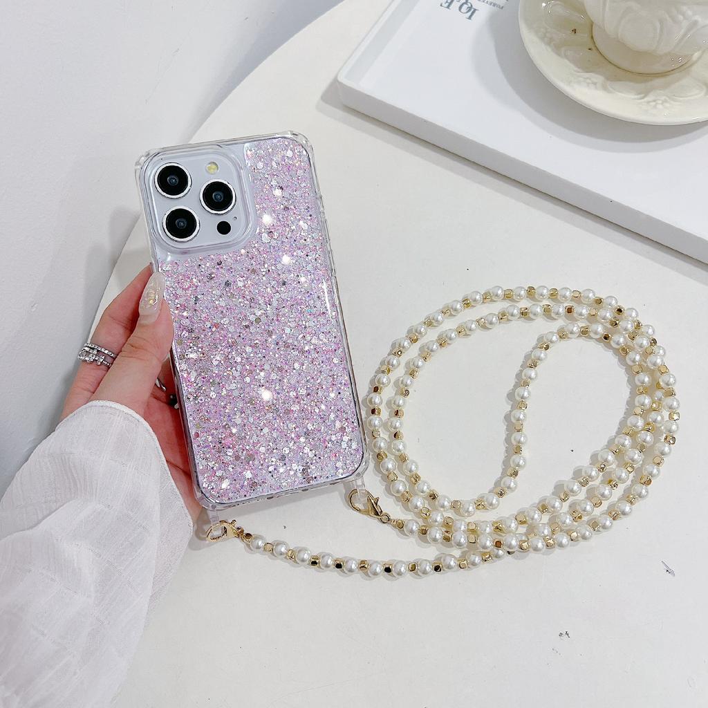 For iPhone 15 Pro Max Case Glittery Powder Acrylic + TPU Phone Cover with Pearl Bead Strap