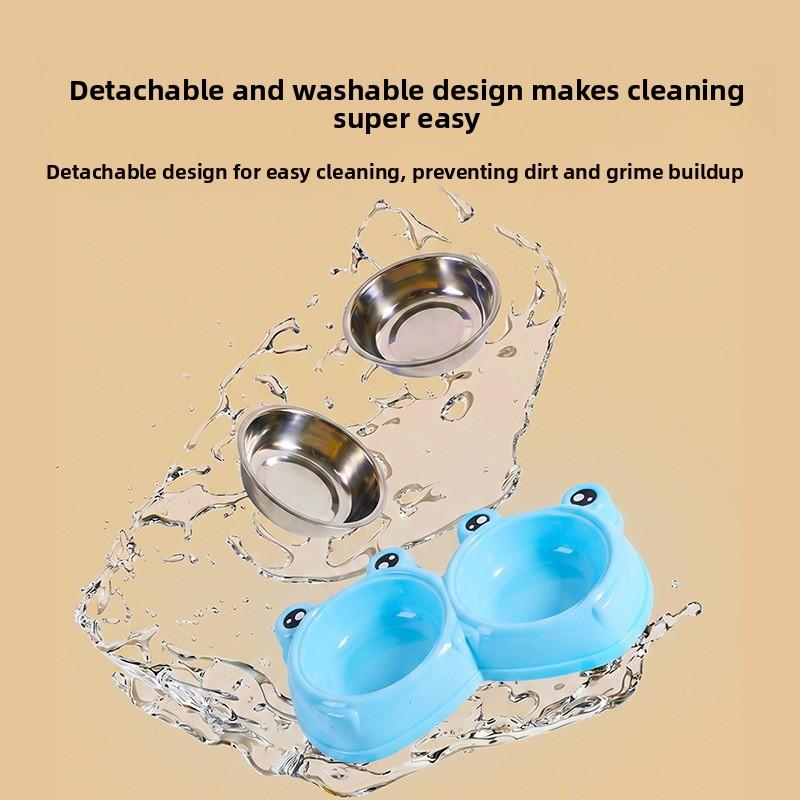 Cute frog-shaped stainless steel pet double bowl - large capacity to prevent spilling - cat drinking bowl for dogs' food dish