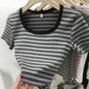 Right Shoulder Striped Square Neck Short-sleeved T-shirt for Women Summer New Slim Fit Sweet and Spicy Temperament Versatile Short Top