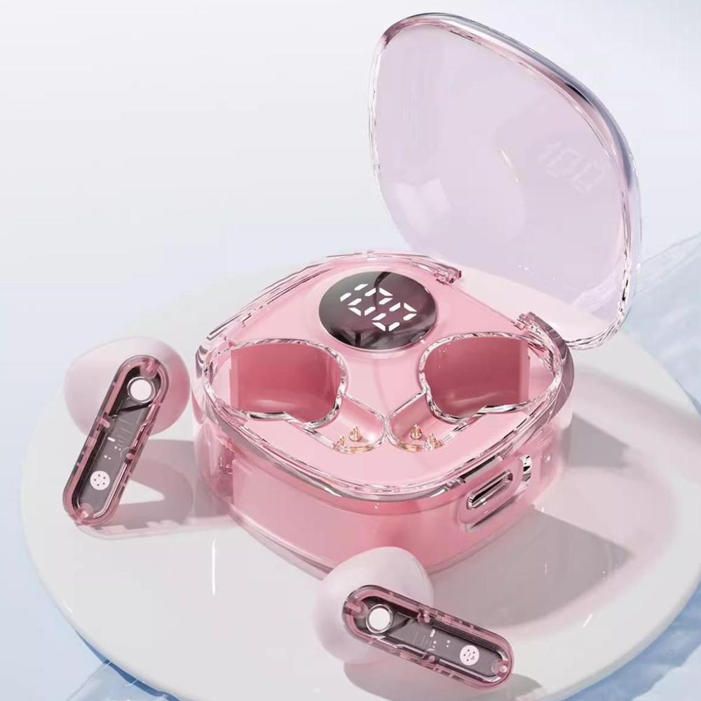 Pink TWS Earbuds with Transparent Charging Case Bluetooth Wireless Headphones ANC Noise Cancelling Long Battery Life