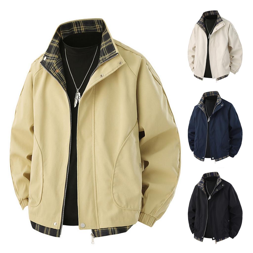 Men's Casual Checkered Patchwork Style Sports Jacket, Men's Loose Stand-up Collar Work Jacket