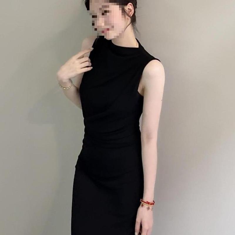 

New fashion temperament, pleated sleeveless waist, slimming niche design niche dress, black dark gray slim fit S чёрный