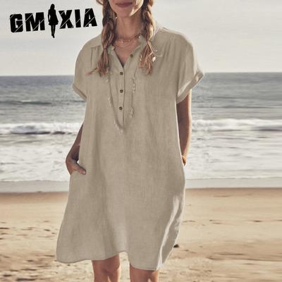 Cotton Linen Shirt Dress Pocket Dress Beach Dress Casual Dresses