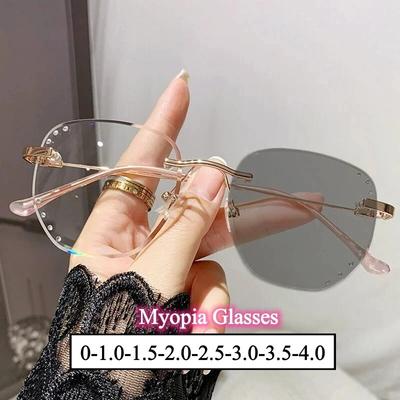 Gafas fotocromáticas con corte de diamante de lujo para mujer, anteojos de sol unisex sin montura con acabado cuadrado para miopía, a la moda, cerca de la vista