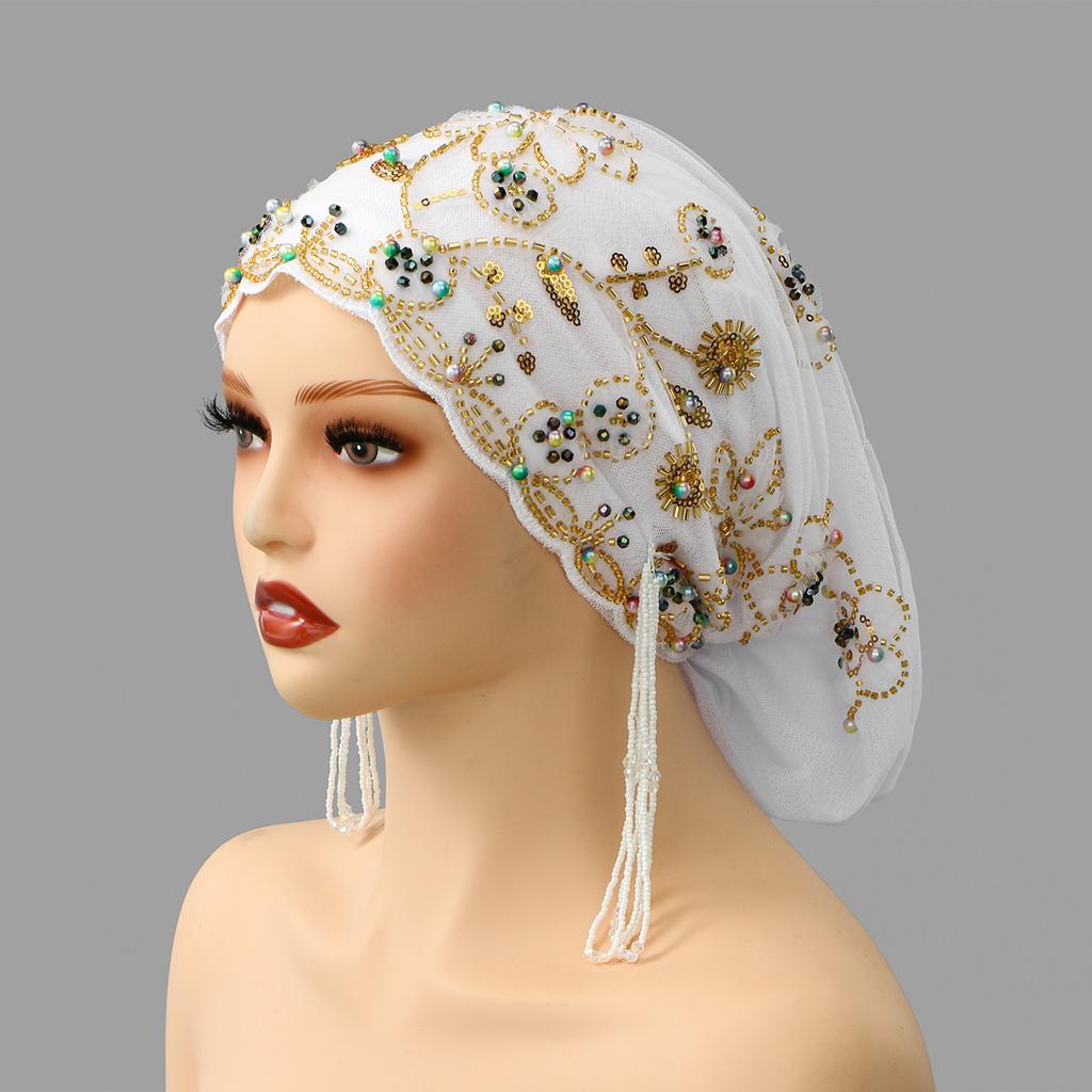 Muslim Lace Pearls Hat Caps Mesh Fabric Bead Tube Paired With An Acrylic Diamond Thread Embroidered Hat For Dubai Arabian Women