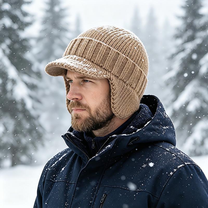 Hat Men's Autumn and Winter Warm Fleece Ear Protectors Short Brim Wool Hat Outdoor Riding Windproof Knitted Hat Winter Men's