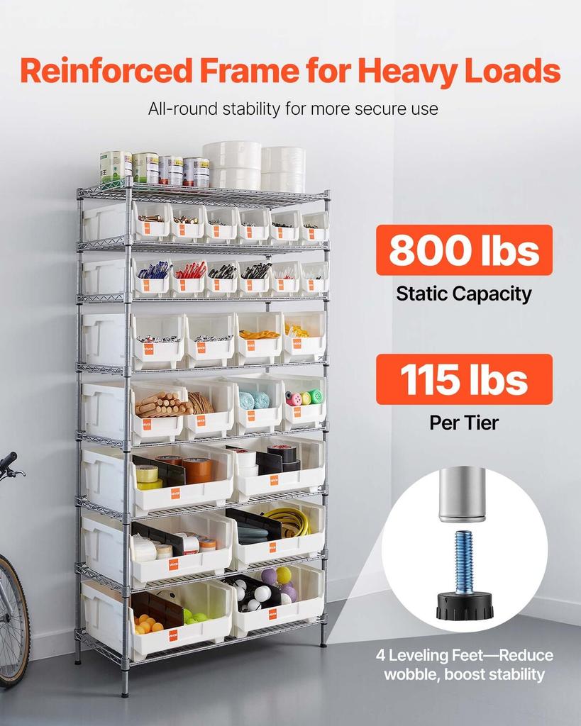 8-Tier Rolling Bin Storage Rack, 26 Organizer Bins, Bin Rack Storage Steel Wire Shelving System with Wheels, Mobile Tool Organizer for Garage,