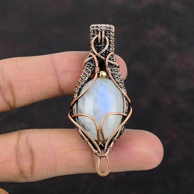 Rainbow Moonstone Pendant Copper Wire Wrapped Pendant Gemstone Copper Jewelry Handmade Pendant Designer Pendant Gift For Mom Ethnic Pendant