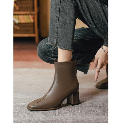 Thick Heel Square Head Short Boots Women's Single Boots New Medium Boots Temperament Leather Boots High Heel Thin Boots