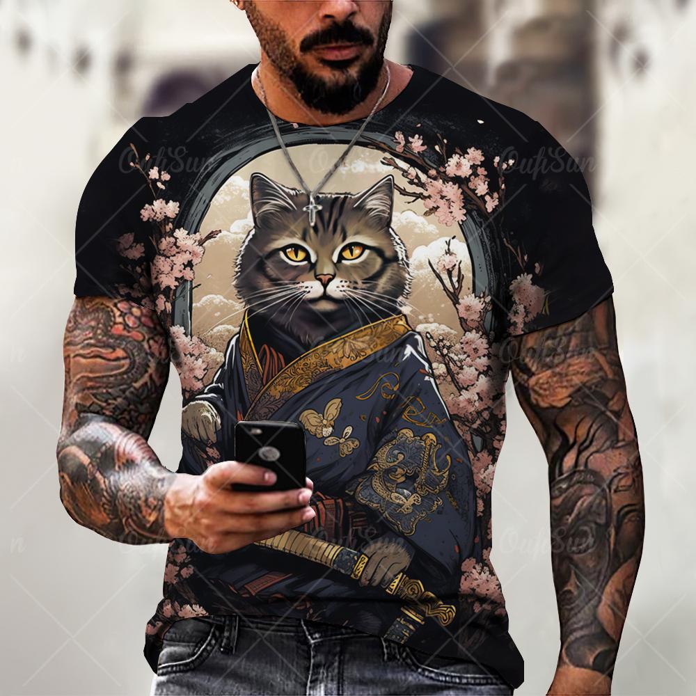 Men's T Shirts Japanese Samurai Cat Printed T-Shirt Funny 3D Animal Graphic T-Shirts Casual O-neck Loose Tops Short Sleeve Tee