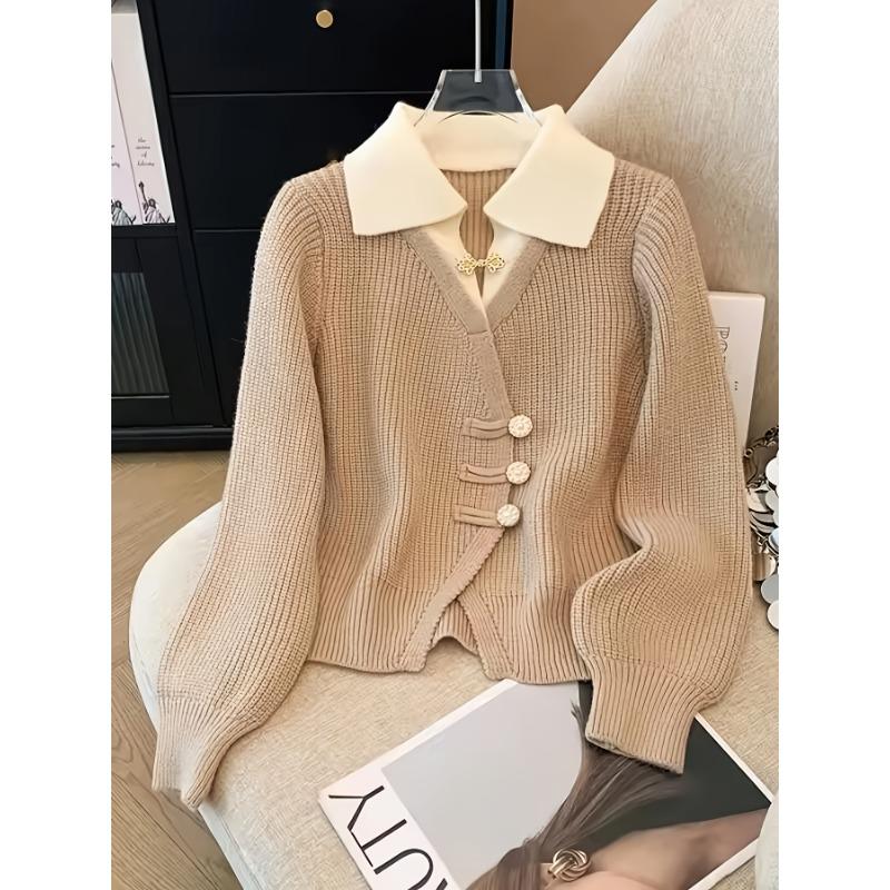 Elegant beige damecardigan med ribbestrikket detalj - Lett luksus, varm og stilig åpen genser for høst og vinter, Høst Vinter Bekledning|Ribbestrikket Cardigan