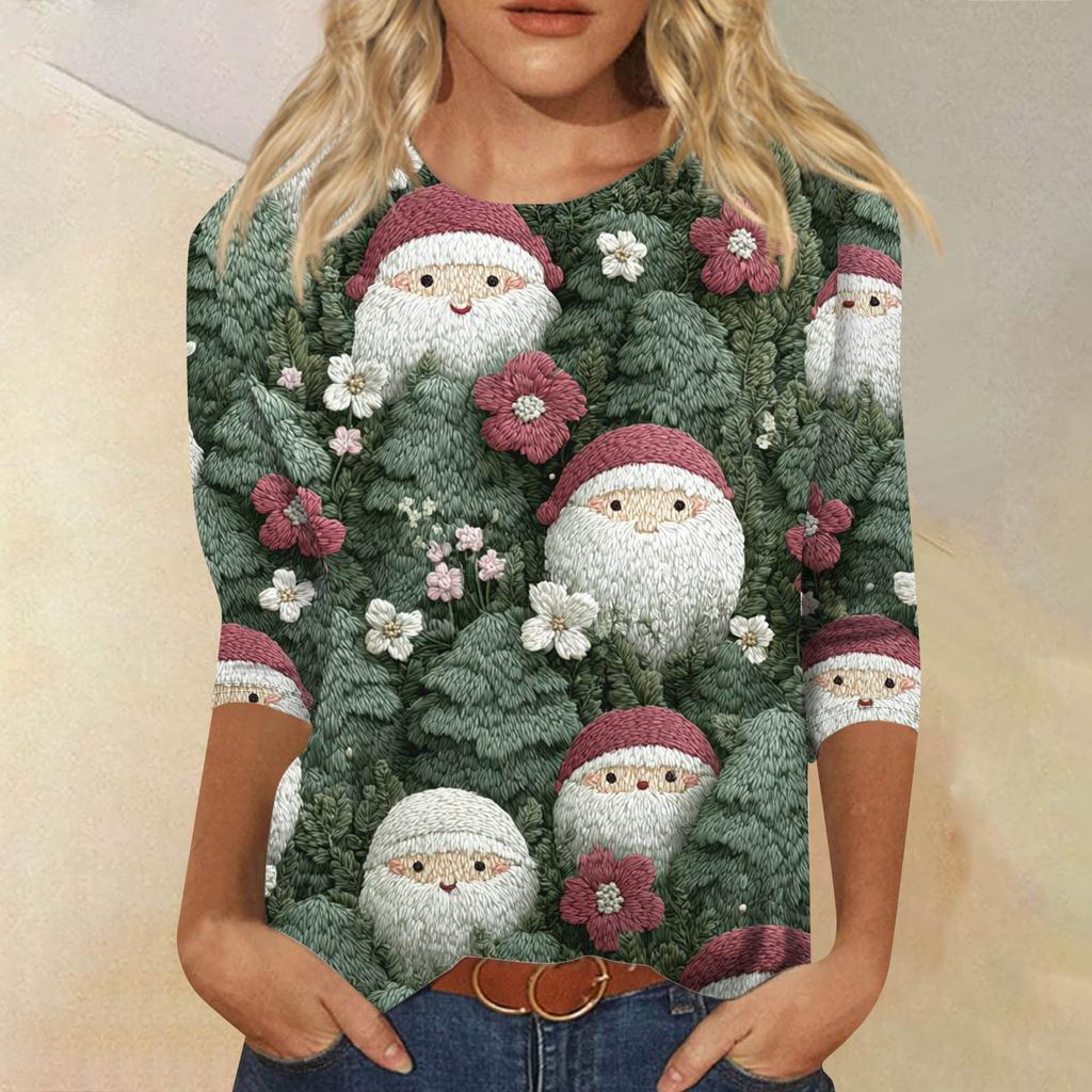 Damenmode, lässig, Rundhalsausschnitt, 3/4-Ärmel, lockeres bedrucktes T-Shirt, Damen-Top