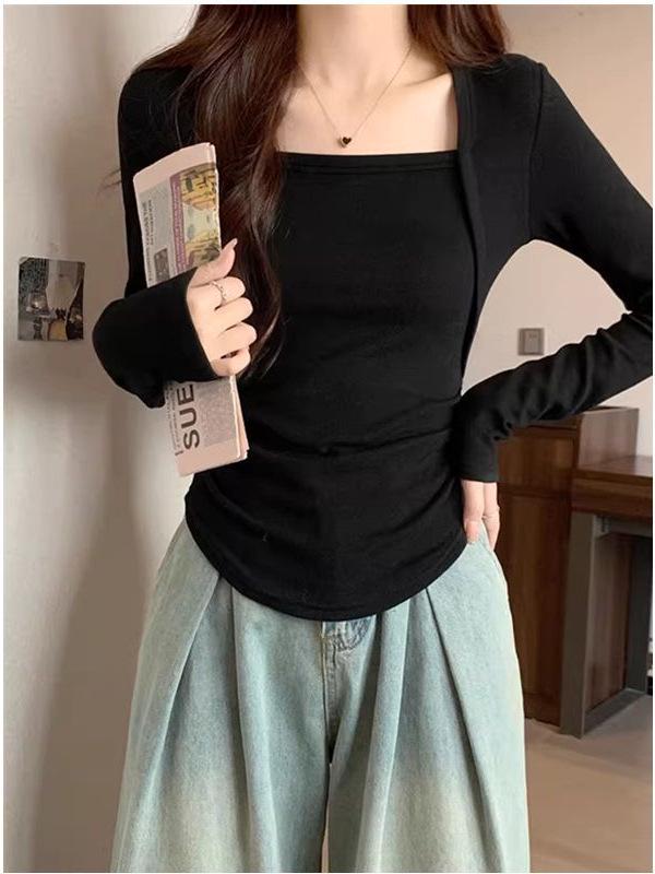 Long Sleeve Square Neck Slim Fit Clavicle Top with Velvet Lining for Women's Autumn/Winter